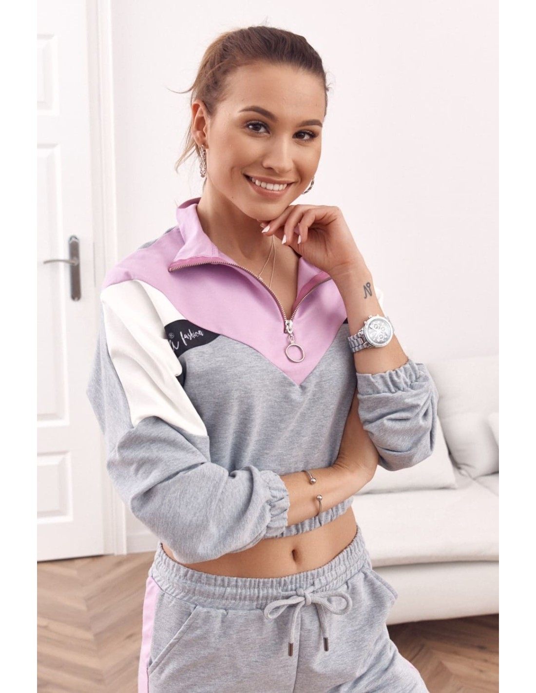 Comfortable tracksuit, sweatshirt with a stand-up collar and trousers, lavender-gray 01039 - Online store - Boutique